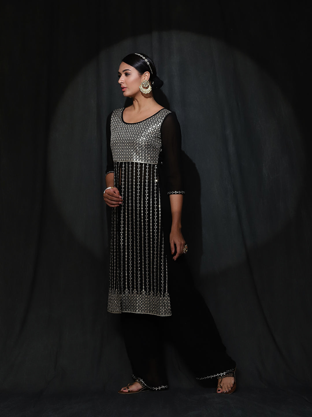Black Sequin Kurta With Palazzo - Elganza