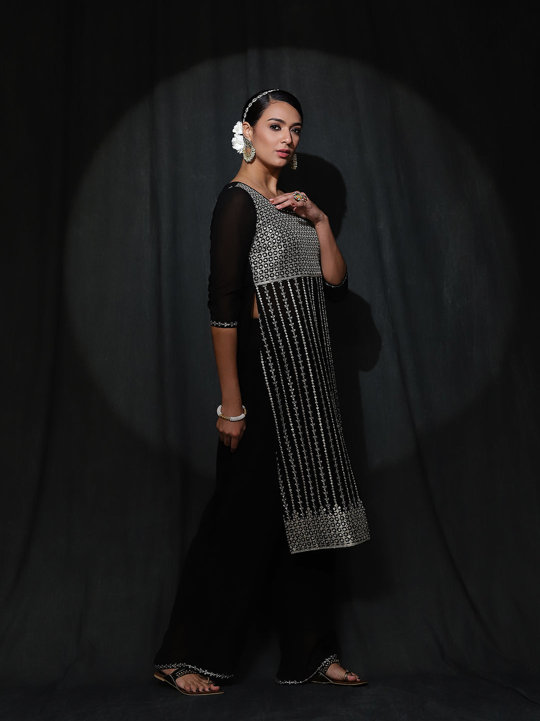 Black Sequin Kurta With Palazzo - Elganza