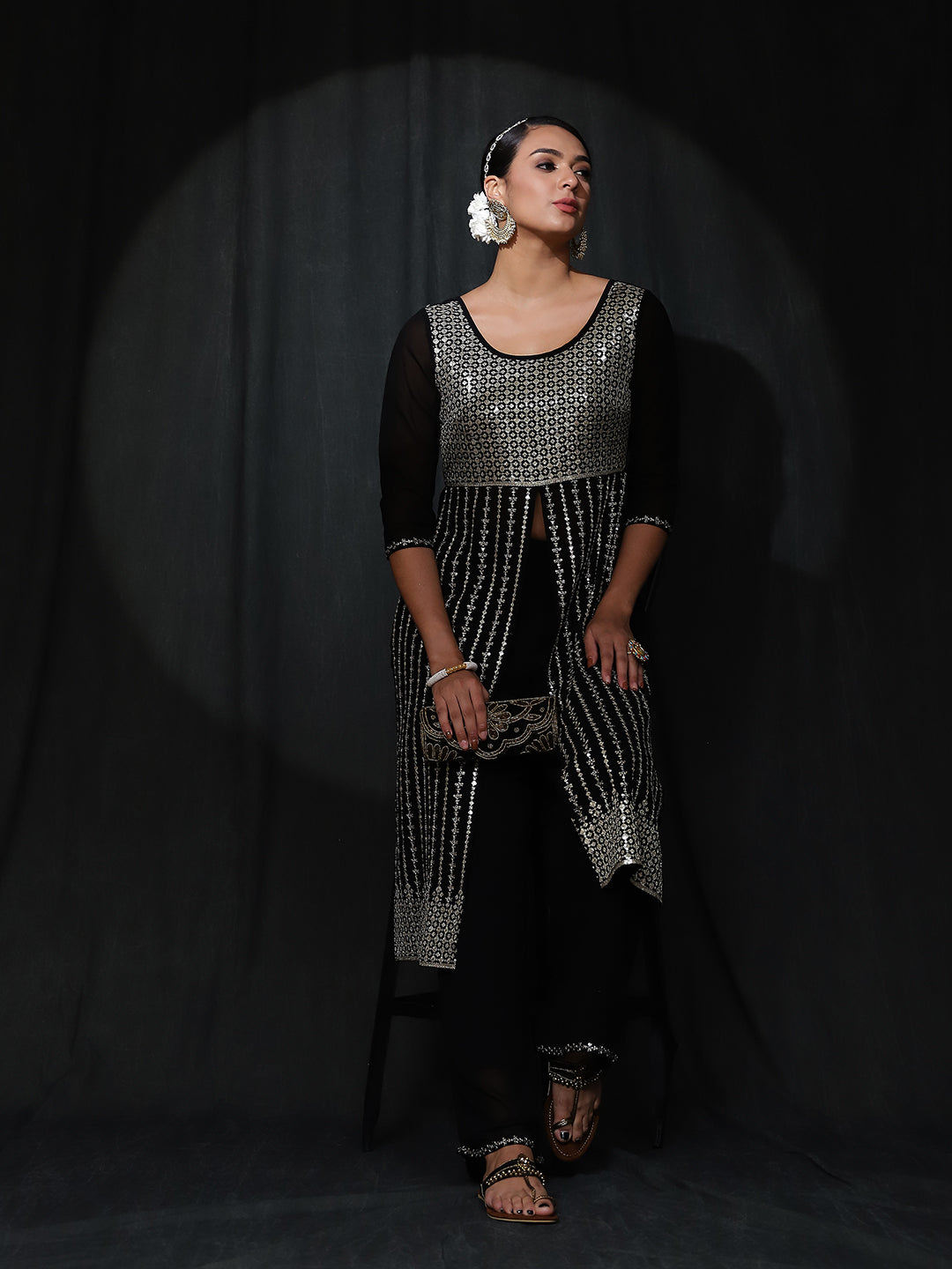 Black Sequin Kurta With Palazzo - Elganza