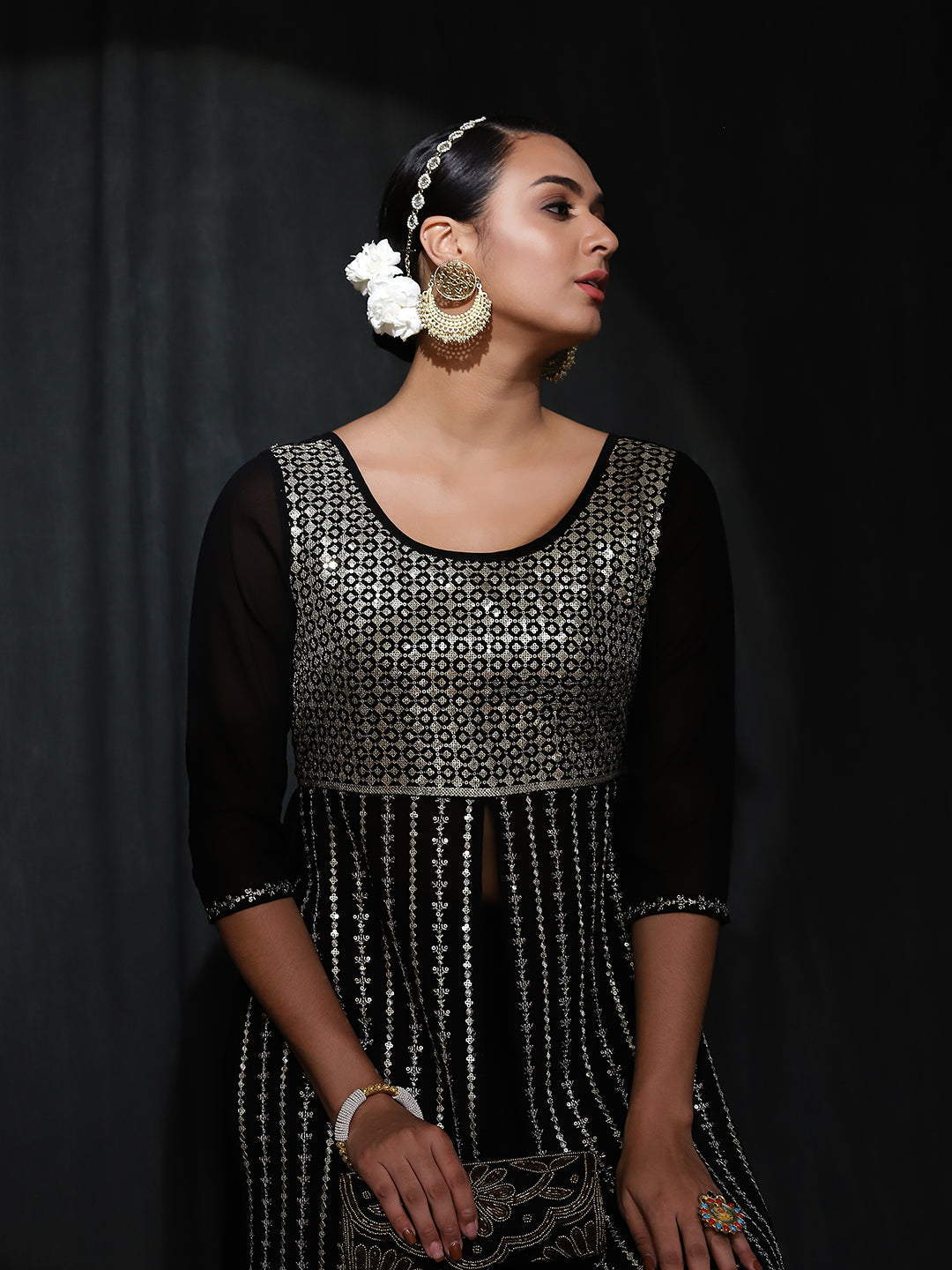 Black Sequin Kurta With Palazzo - Elganza