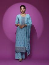 Turquoise Blue Schiffli Work Kurta Palazzo With Dupatta - Elganza
