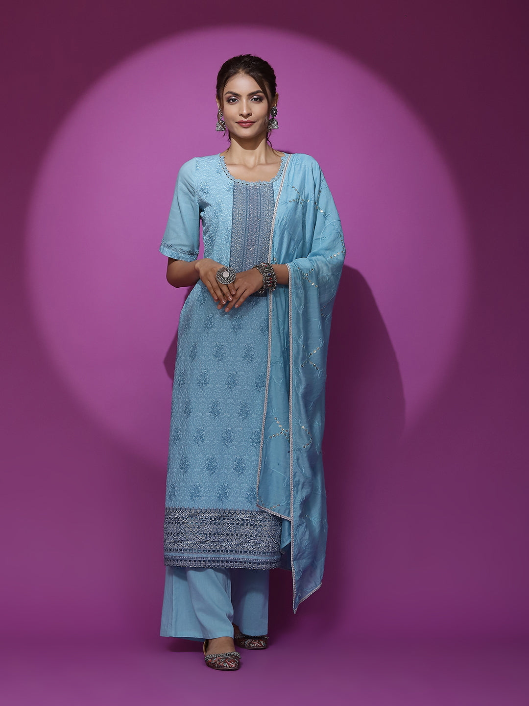 Turquoise Blue Schiffli Work Kurta Palazzo With Dupatta - Elganza