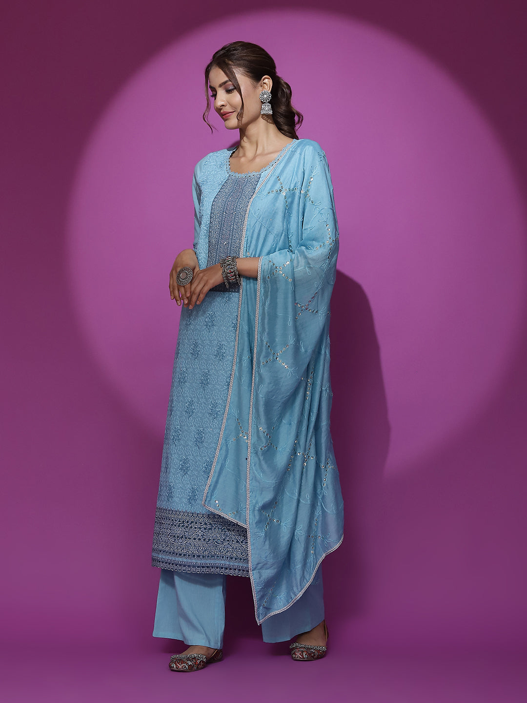 Turquoise Blue Schiffli Work Kurta Palazzo With Dupatta - Elganza