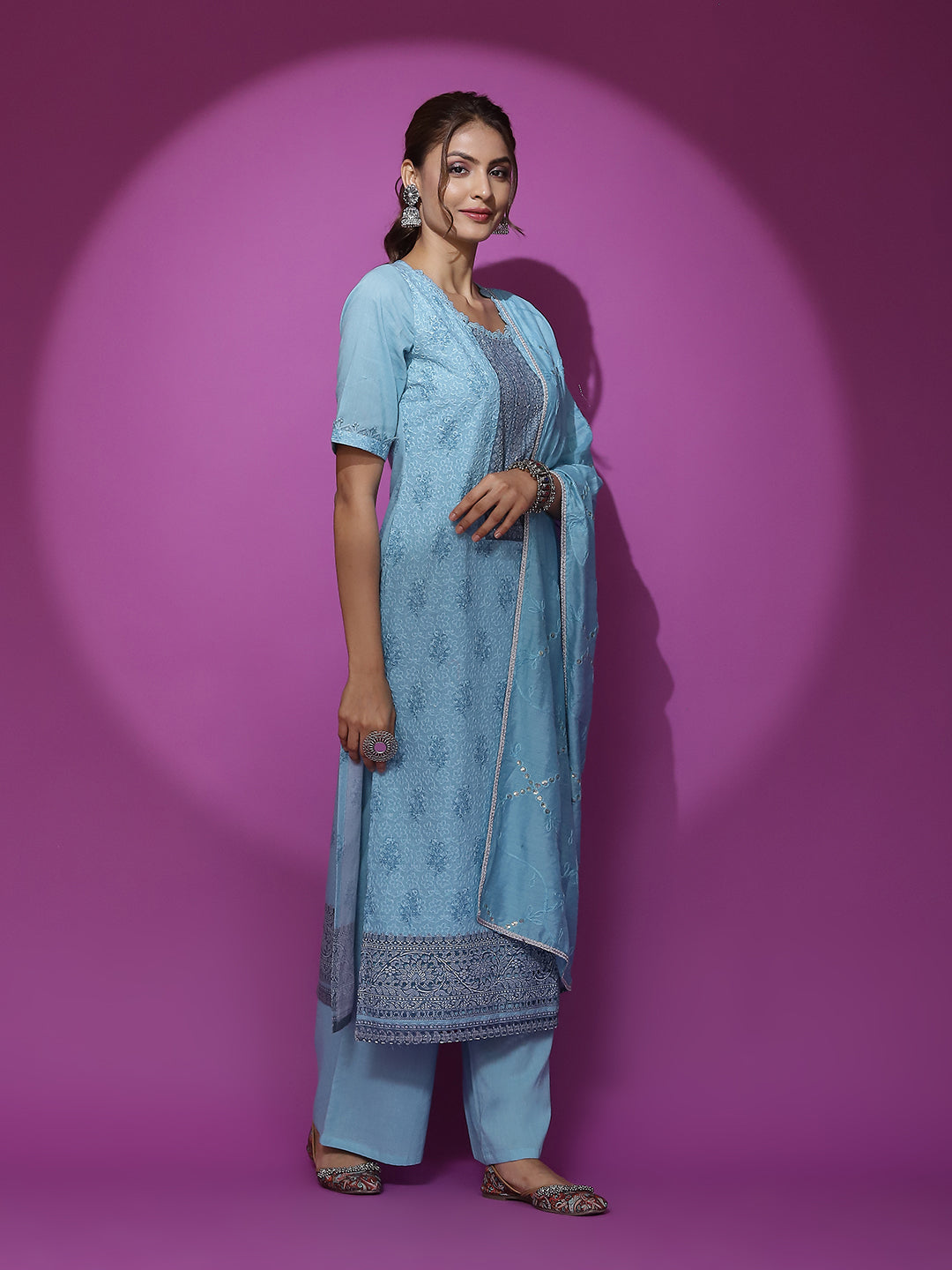 Turquoise Blue Schiffli Work Kurta Palazzo With Dupatta - Elganza