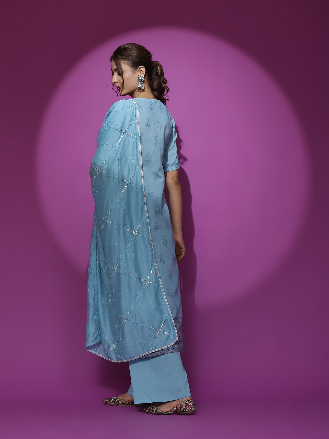 Turquoise Blue Schiffli Work Kurta Palazzo With Dupatta - Elganza