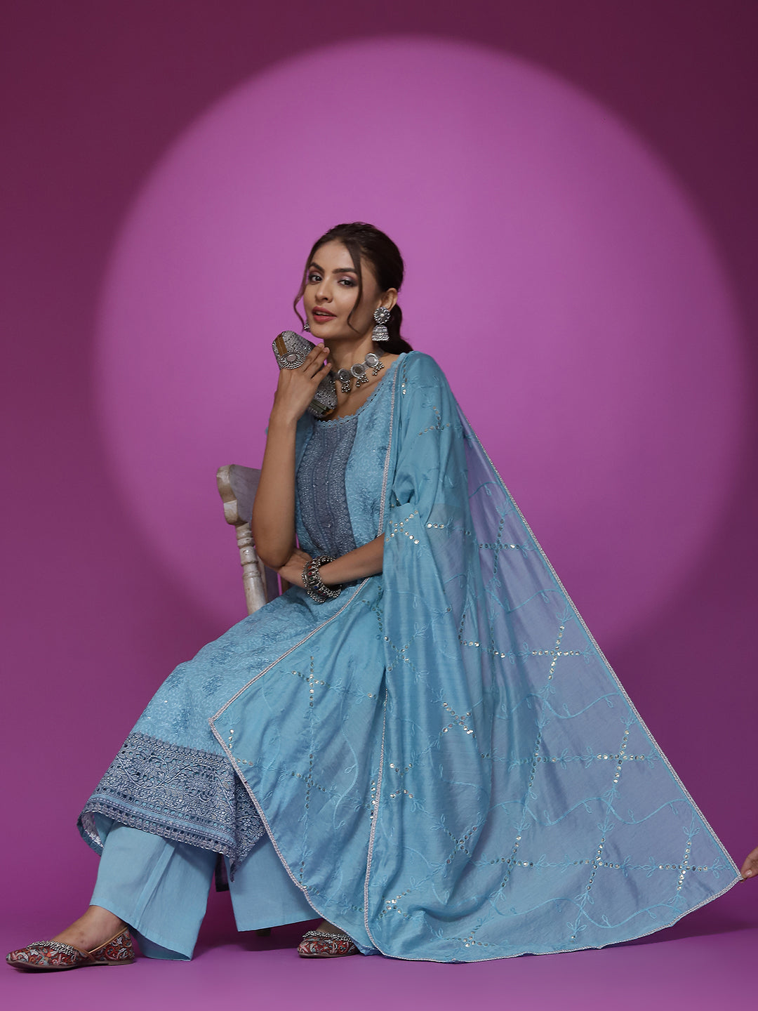 Turquoise Blue Schiffli Work Kurta Palazzo With Dupatta - Elganza