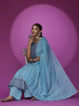 Turquoise Blue Schiffli Work Kurta Palazzo With Dupatta - Elganza