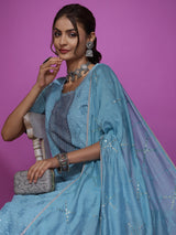 Turquoise Blue Schiffli Work Kurta Palazzo With Dupatta - Elganza