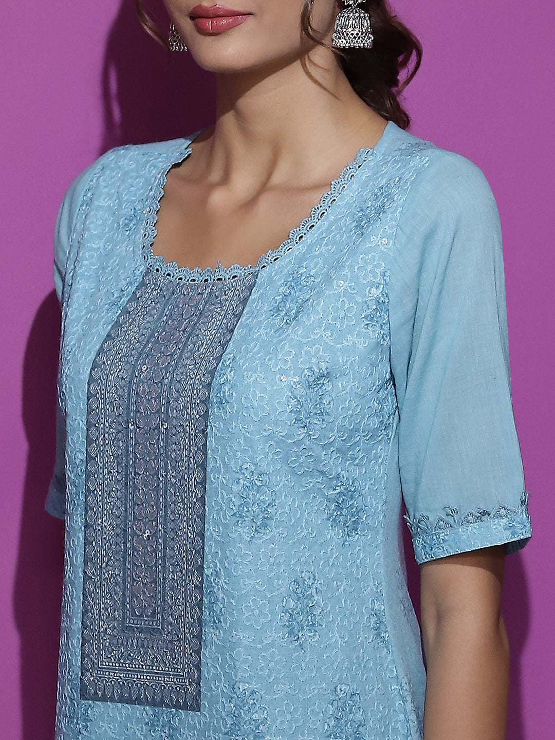 Turquoise Blue Schiffli Work Kurta Palazzo With Dupatta - Elganza