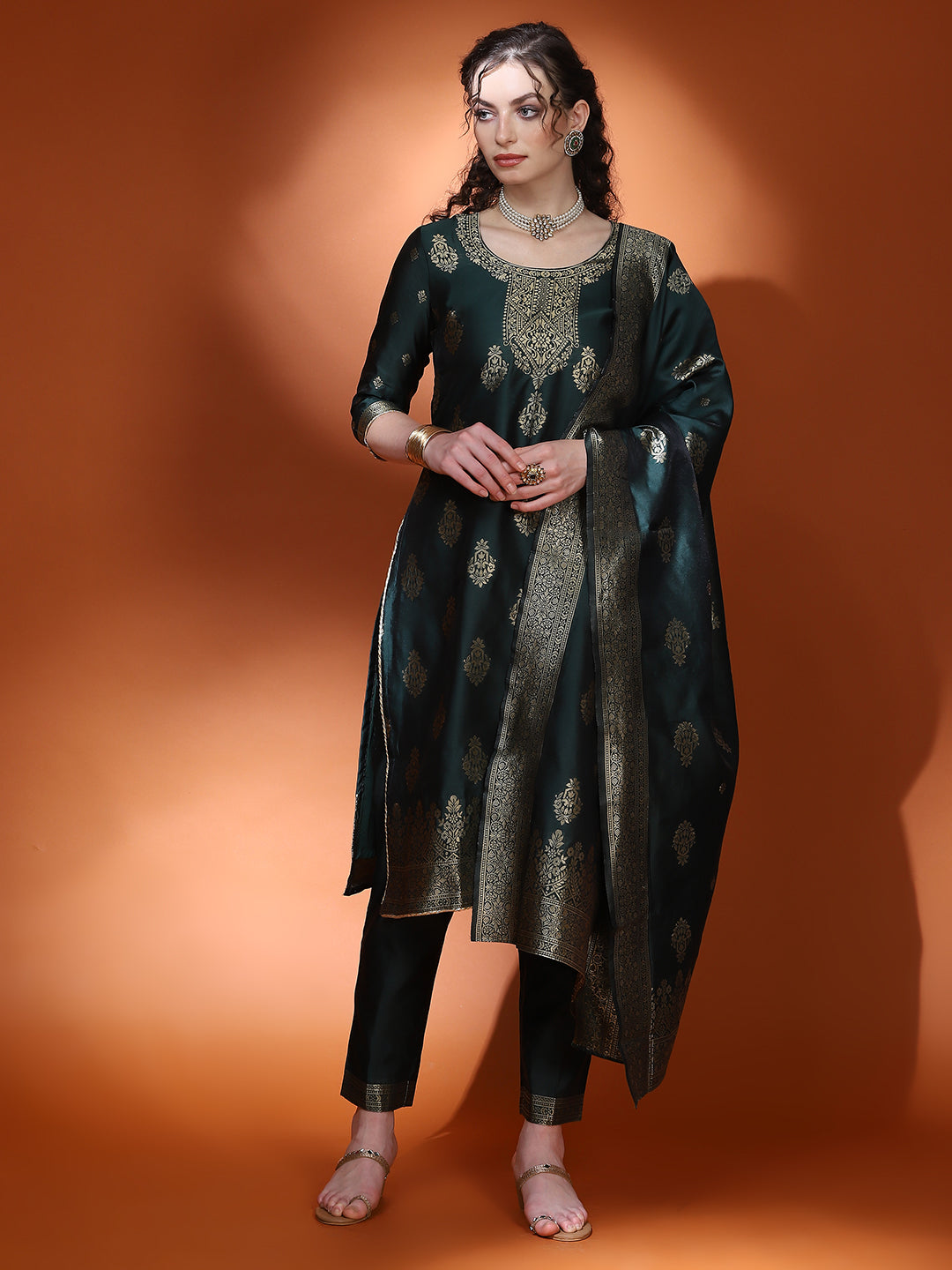 Dark Green Jacquard Kurta Pant With Dupatta - Elganza