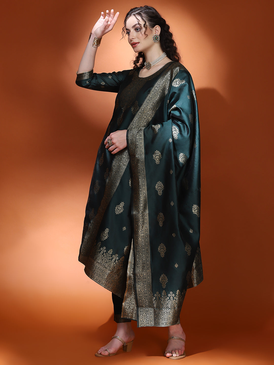 Dark Green Jacquard Kurta Pant With Dupatta - Elganza