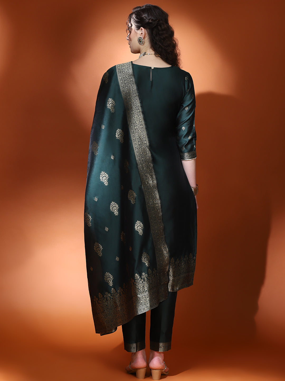 Dark Green Jacquard Kurta Pant With Dupatta - Elganza