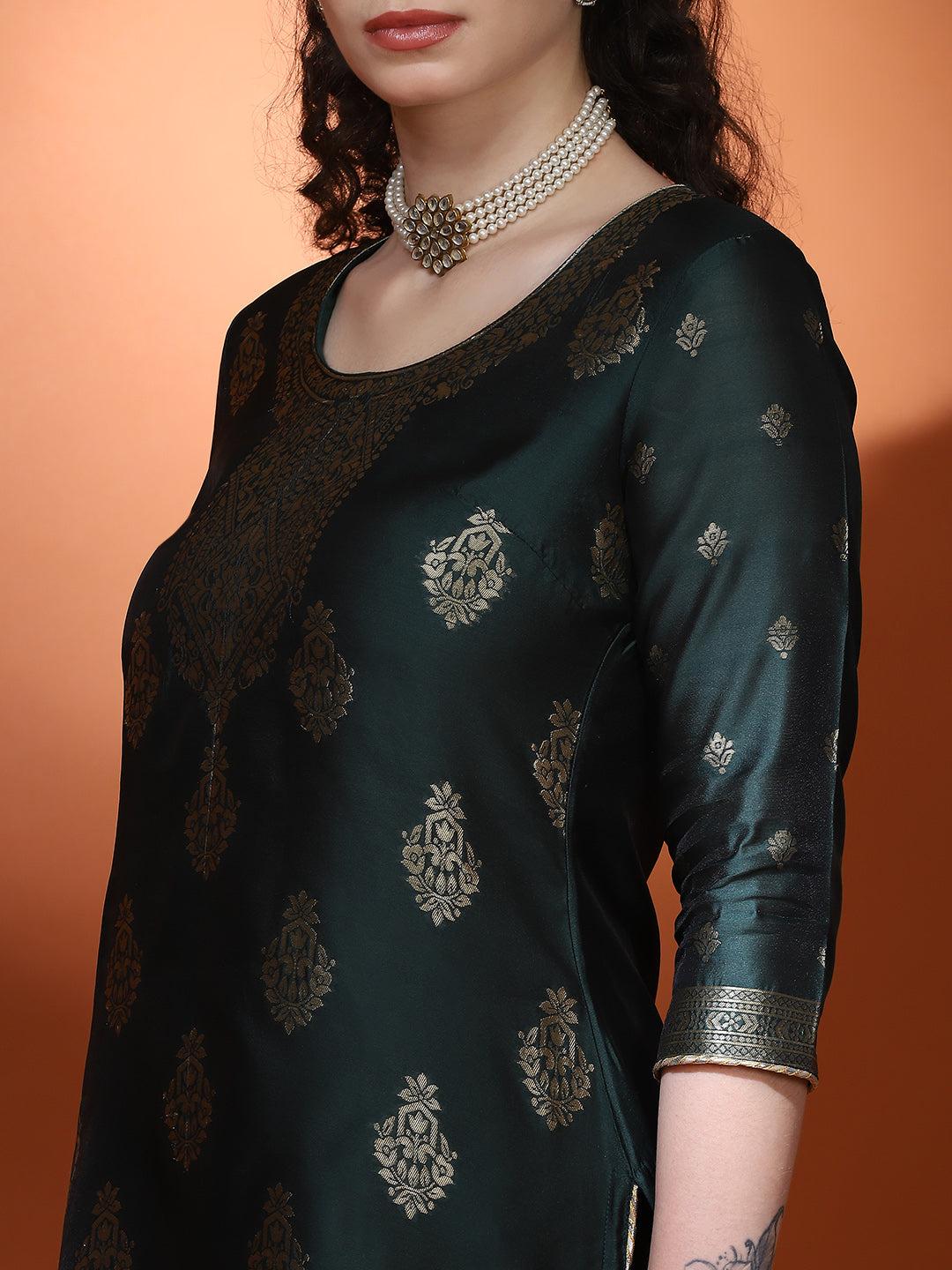 Dark Green Jacquard Kurta Pant With Dupatta - Elganza