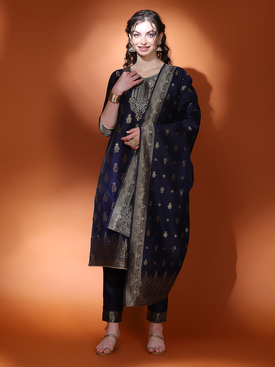 Navy Blue Jacquard Kurta Pant With Dupatta - Elganza