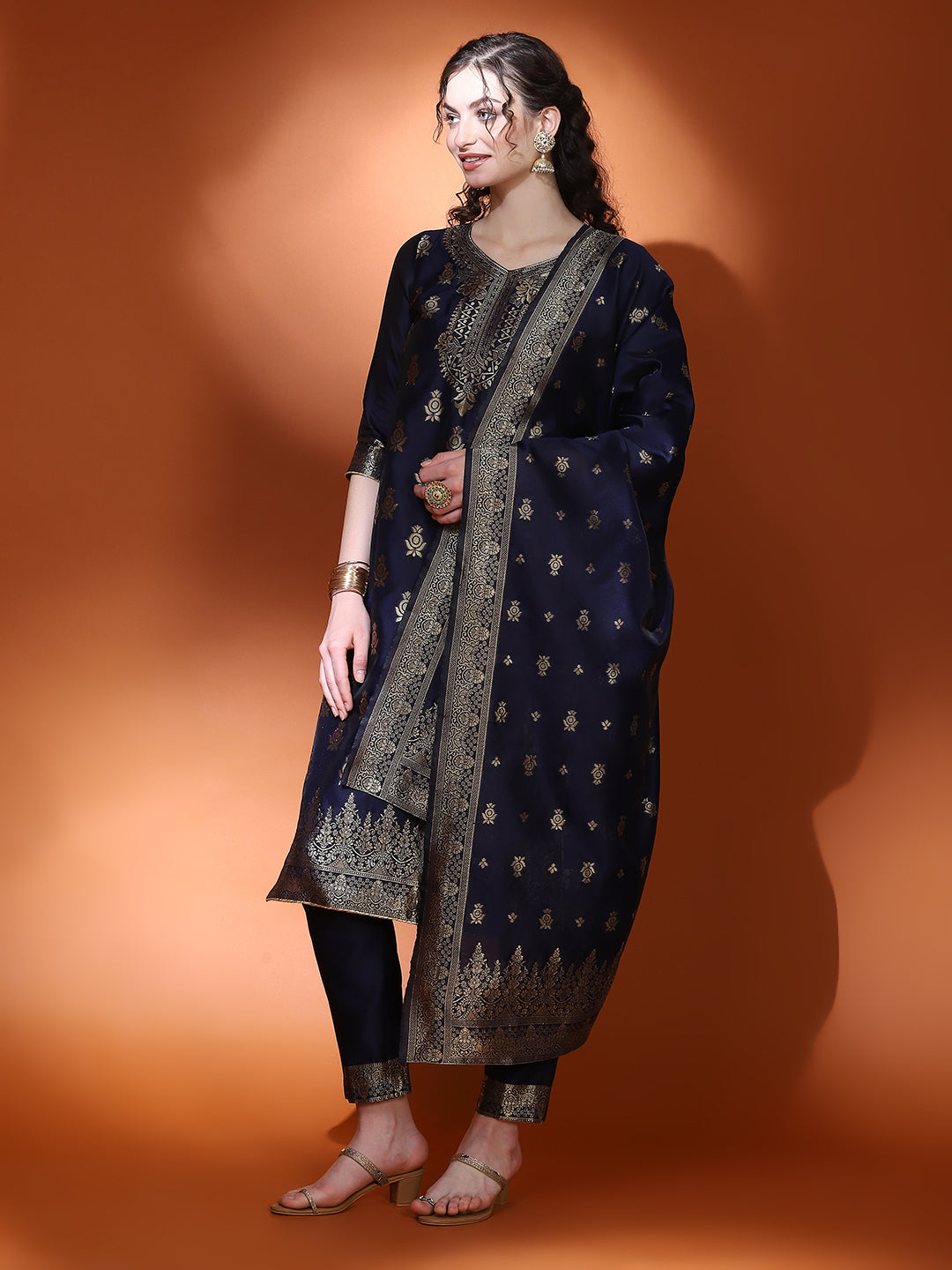 Navy Blue Jacquard Kurta Pant With Dupatta - Elganza