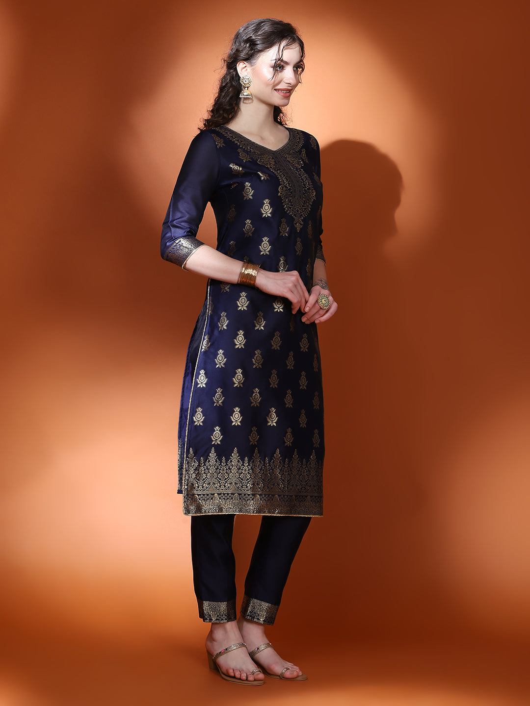Navy Blue Jacquard Kurta Pant With Dupatta - Elganza