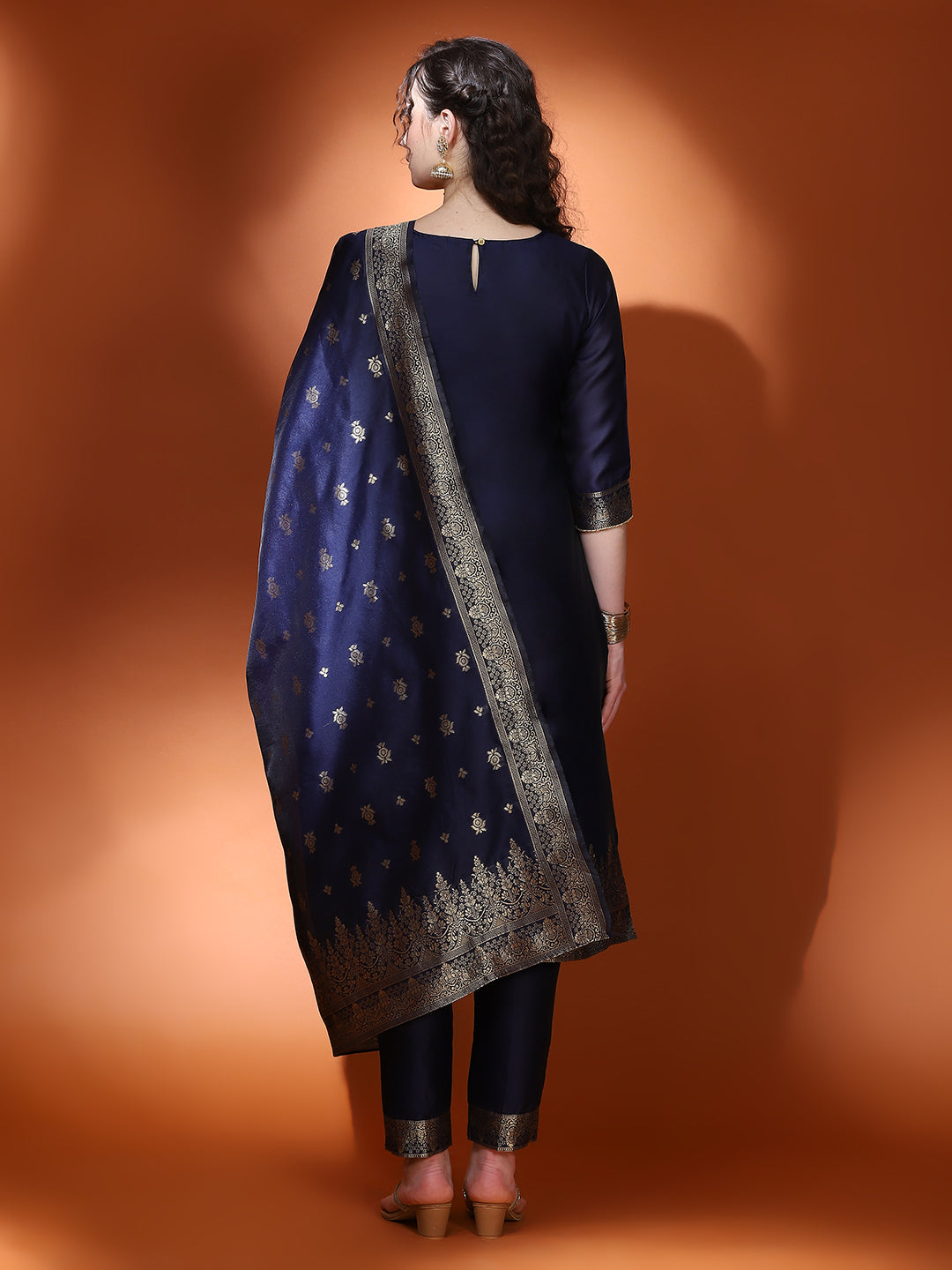 Navy Blue Jacquard Kurta Pant With Dupatta - Elganza