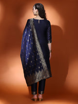 Navy Blue Jacquard Kurta Pant With Dupatta - Elganza