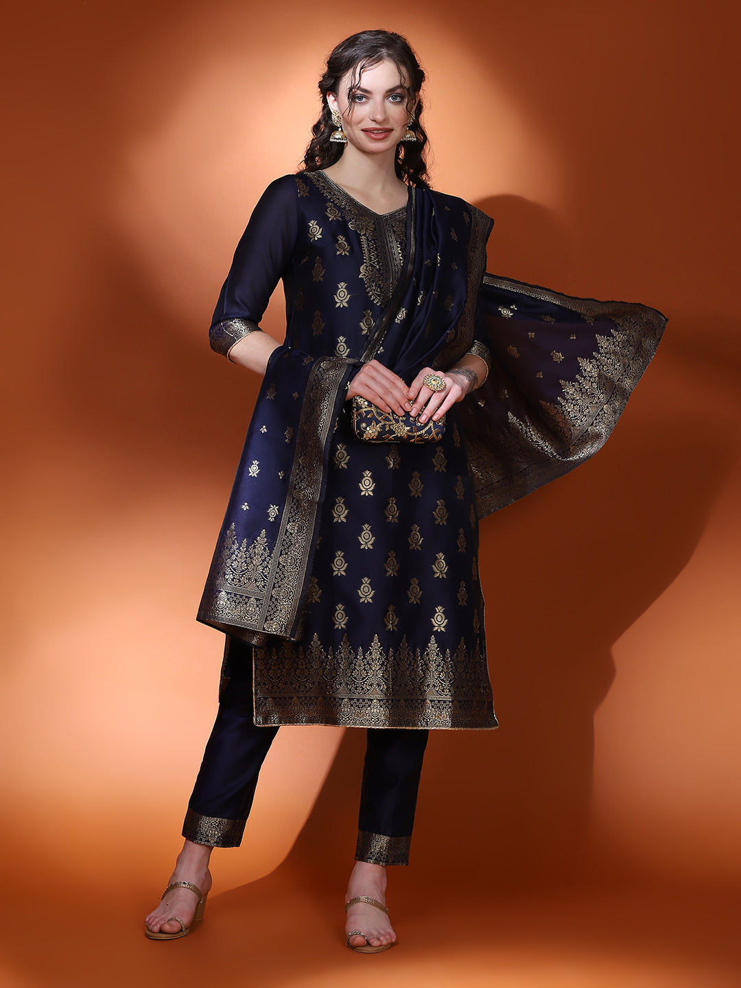 Navy Blue Jacquard Kurta Pant With Dupatta - Elganza