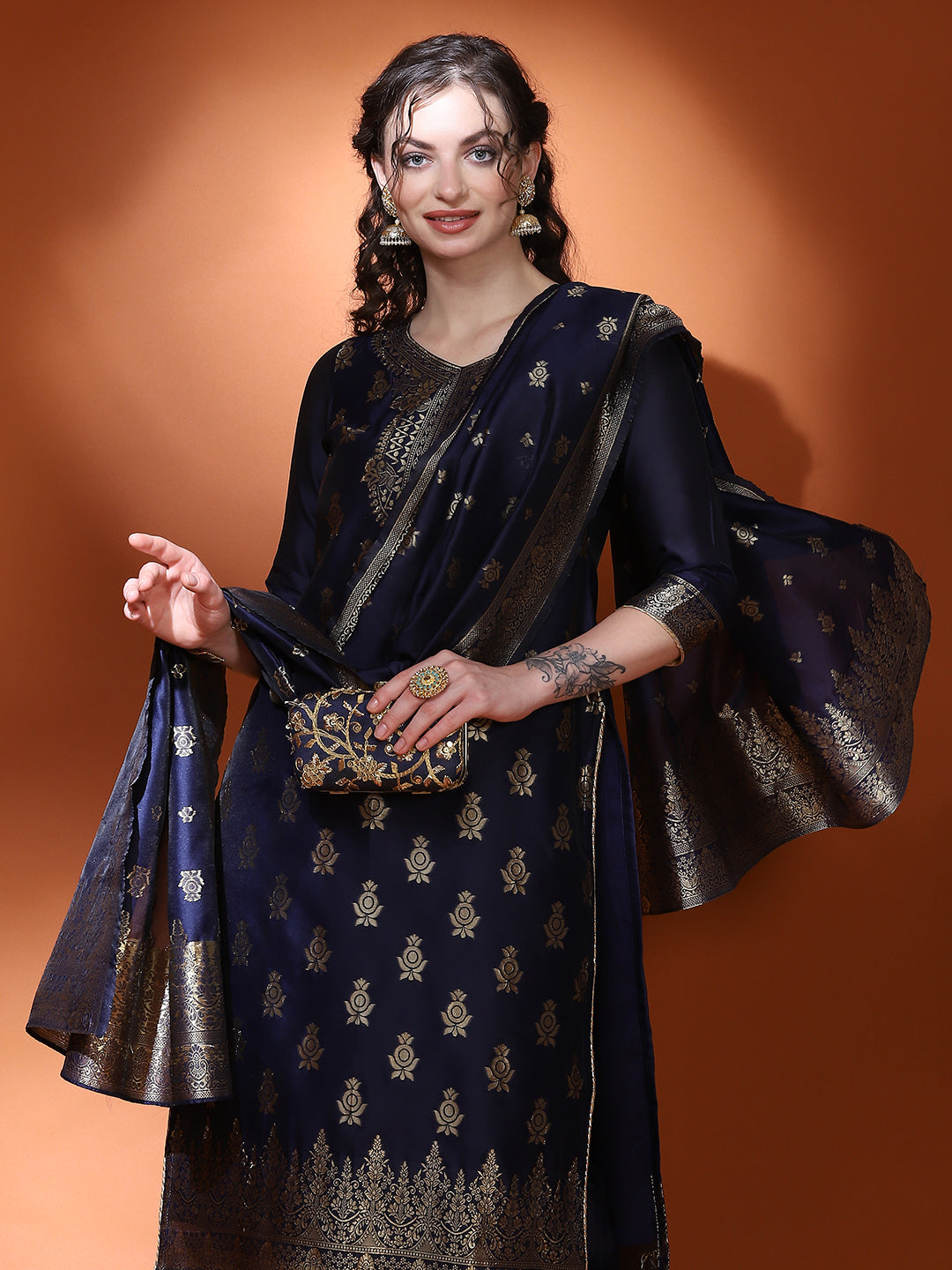 Navy Blue Jacquard Kurta Pant With Dupatta - Elganza