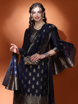 Navy Blue Jacquard Kurta Pant With Dupatta - Elganza