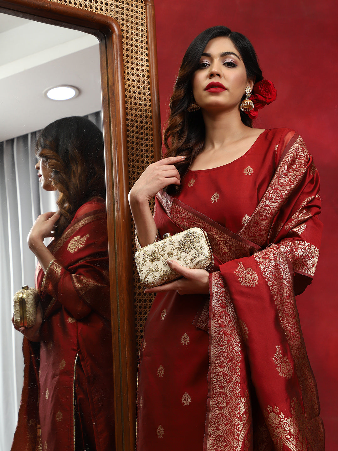 Red Woven Designed Kurta Palazzo With Dupatta - Elganza