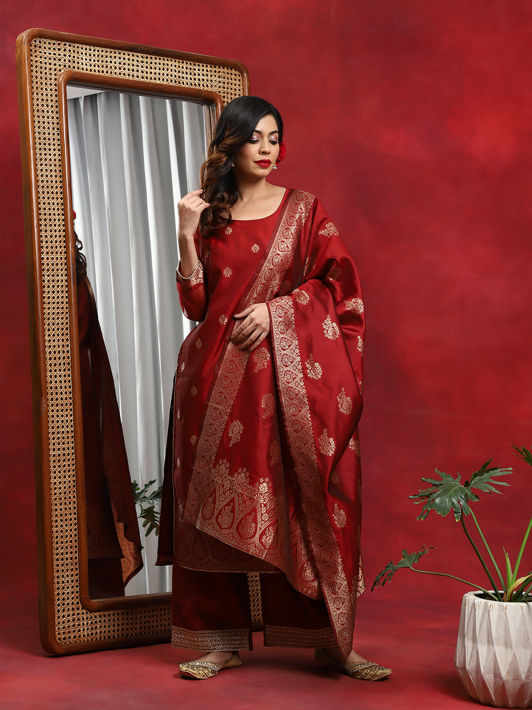 Red Woven Designed Kurta Palazzo With Dupatta - Elganza