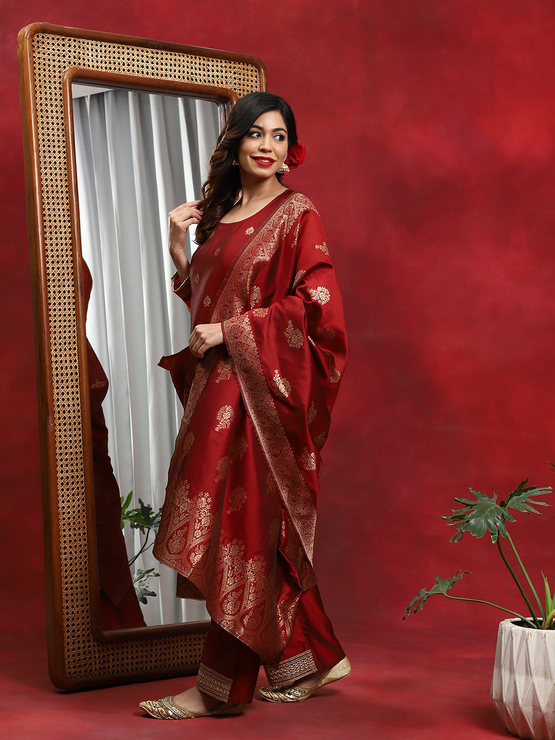 Red Woven Designed Kurta Palazzo With Dupatta - Elganza