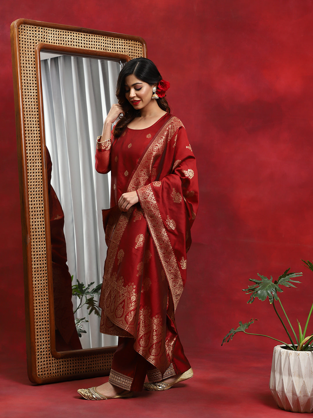 Red Woven Designed Kurta Palazzo With Dupatta - Elganza
