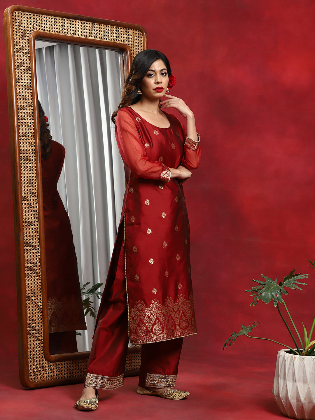 Red Woven Designed Kurta Palazzo With Dupatta - Elganza