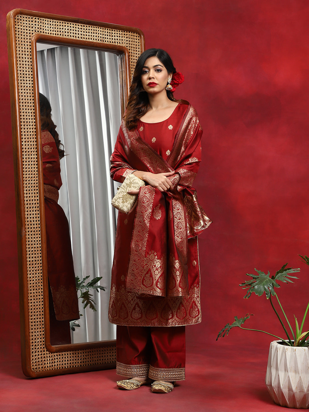 Red Woven Designed Kurta Palazzo With Dupatta - Elganza