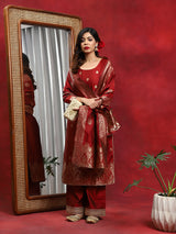 Red Woven Designed Kurta Palazzo With Dupatta - Elganza