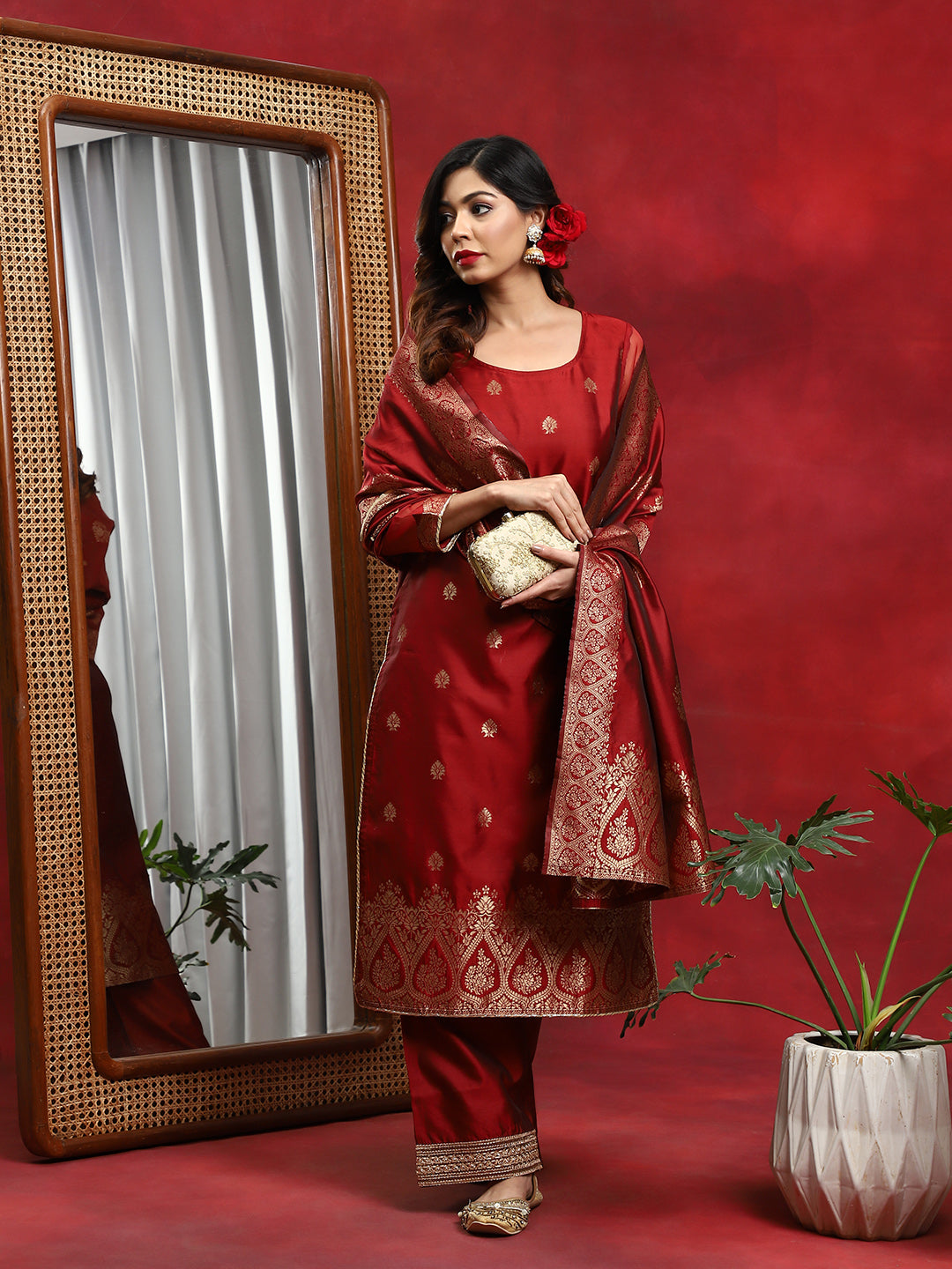Red Woven Designed Kurta Palazzo With Dupatta - Elganza