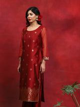 Red Woven Designed Kurta Palazzo With Dupatta - Elganza