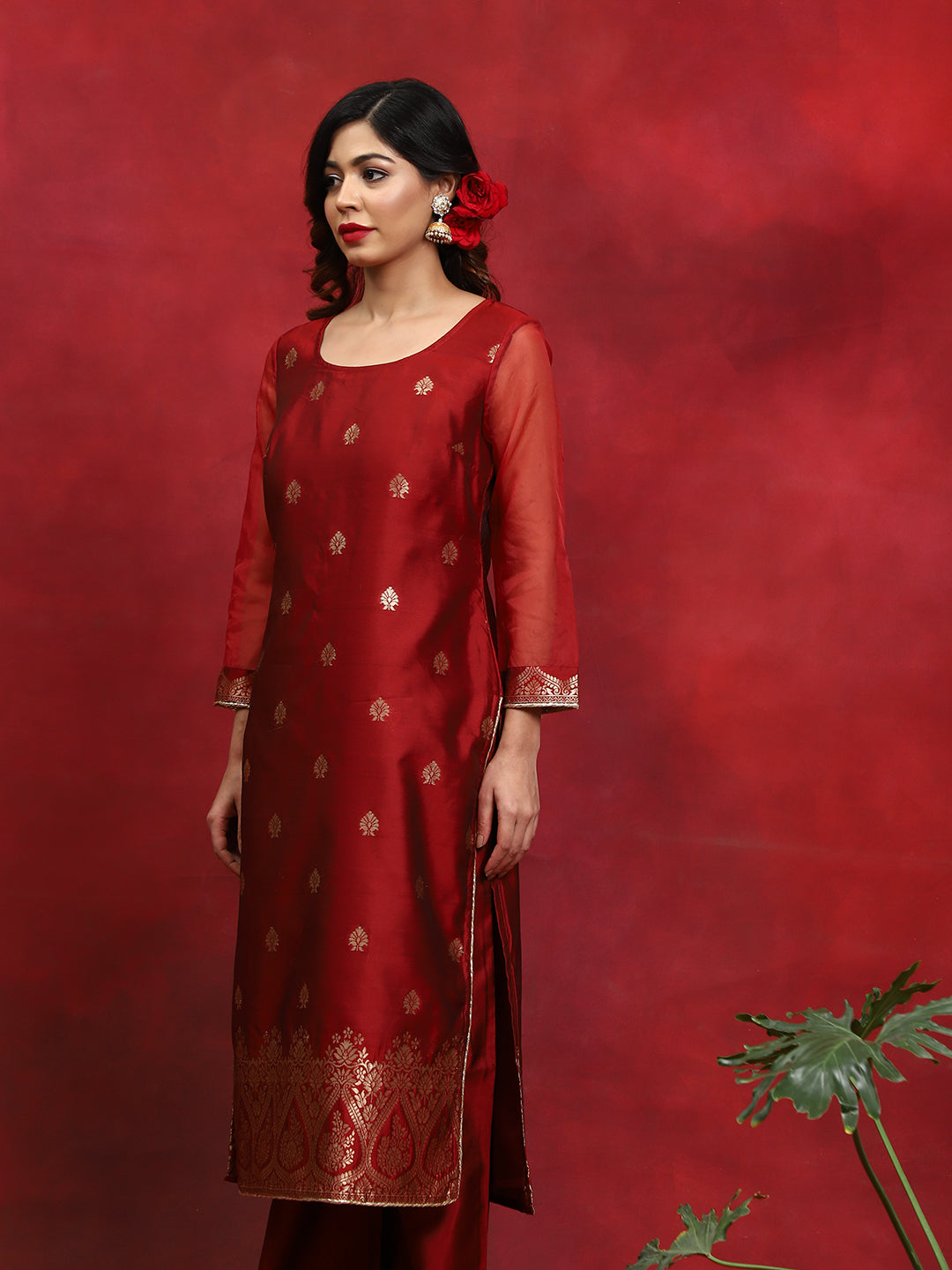 Red Woven Designed Kurta Palazzo With Dupatta - Elganza
