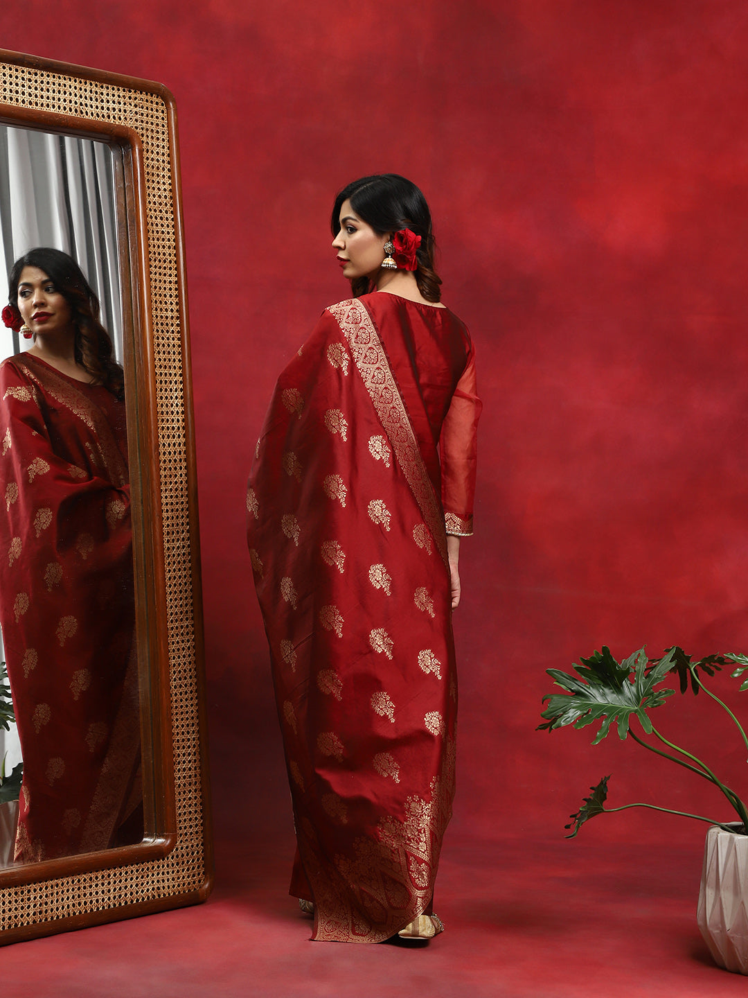 Red Woven Designed Kurta Palazzo With Dupatta - Elganza