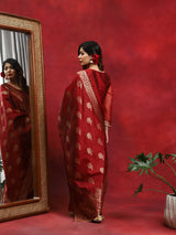 Red Woven Designed Kurta Palazzo With Dupatta - Elganza