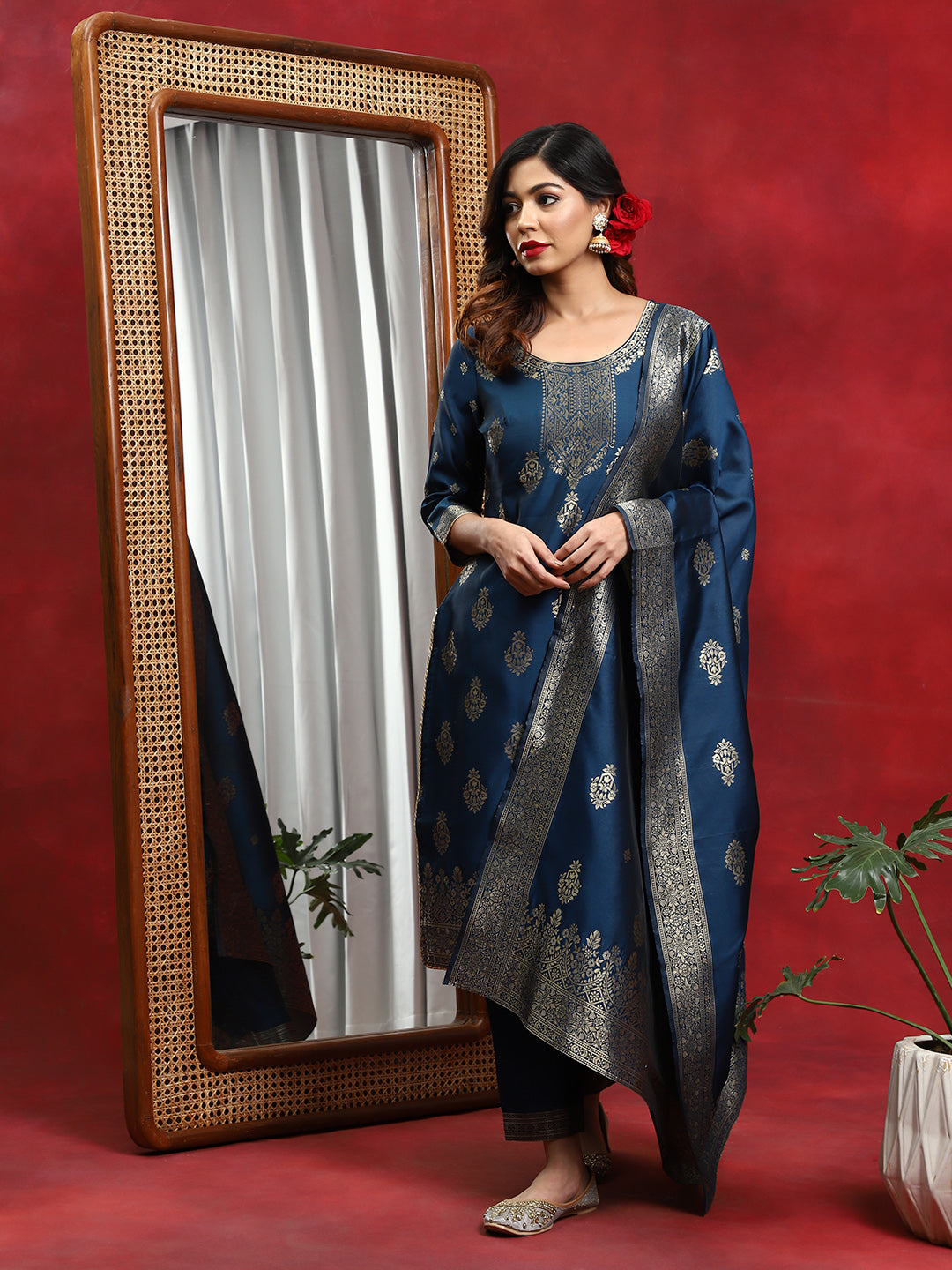 Blue Woven Designed Kurta Pant With Dupatta - Elganza