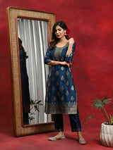Blue Woven Designed Kurta Pant With Dupatta - Elganza