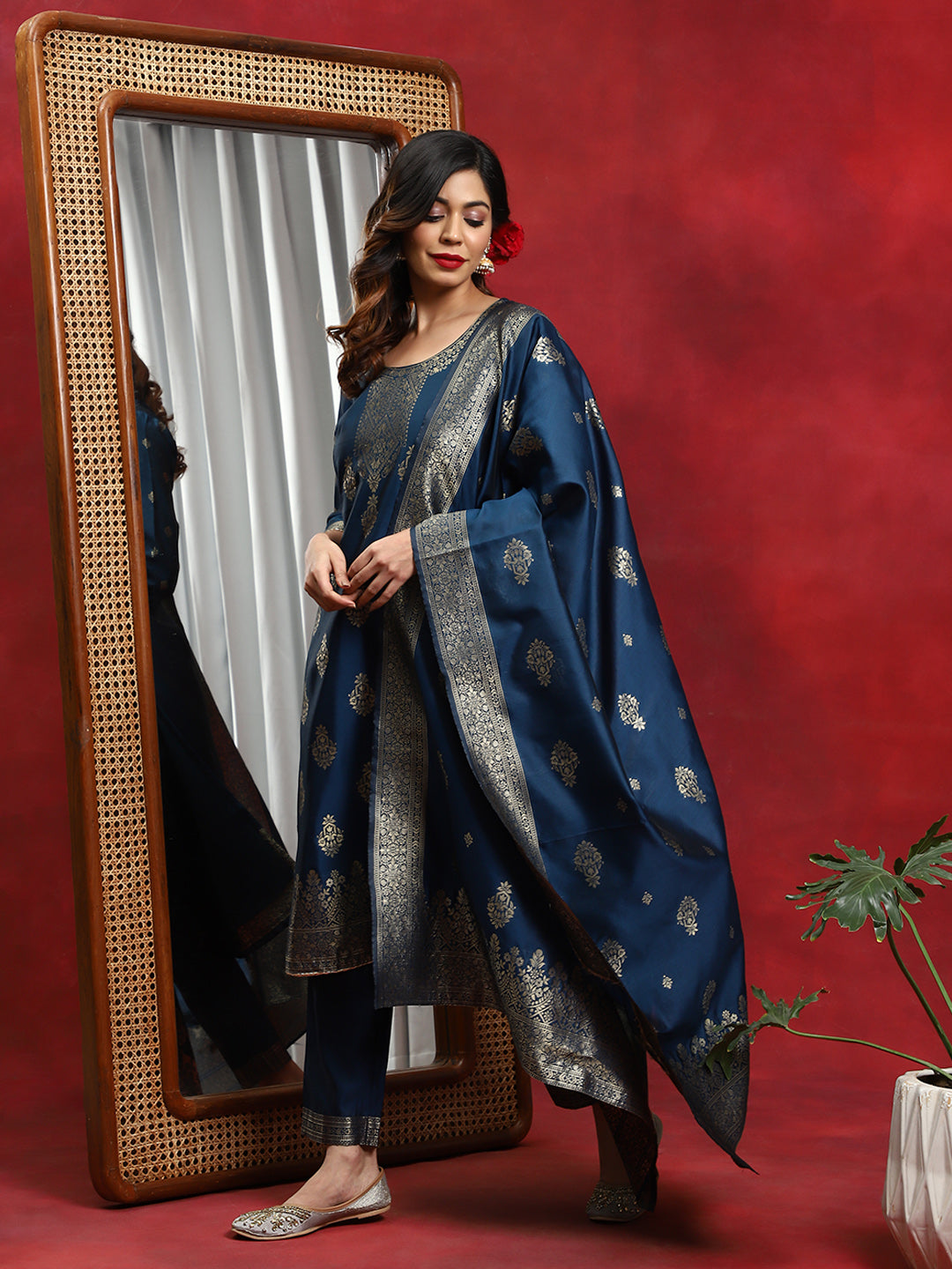 Blue Woven Designed Kurta Pant With Dupatta - Elganza