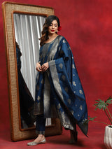Blue Woven Designed Kurta Pant With Dupatta - Elganza