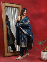 Blue Woven Designed Kurta Pant With Dupatta - Elganza