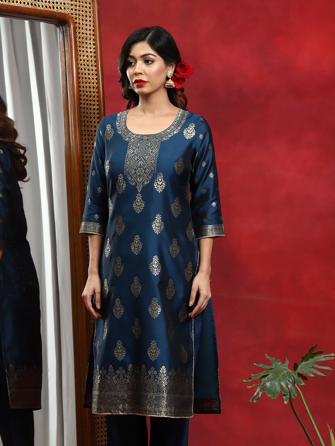 Blue Woven Designed Kurta Pant With Dupatta - Elganza