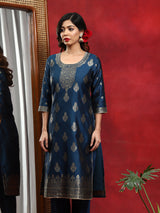 Blue Woven Designed Kurta Pant With Dupatta - Elganza