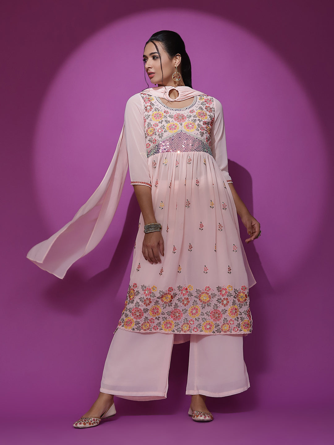 Peach Embroidered Nyra-Cut Kurta Palazzo With Dupatta - Elganza