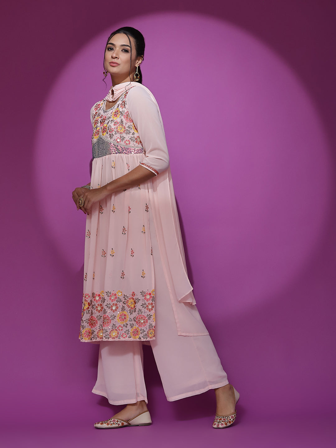Peach Embroidered Nyra-Cut Kurta Palazzo With Dupatta - Elganza