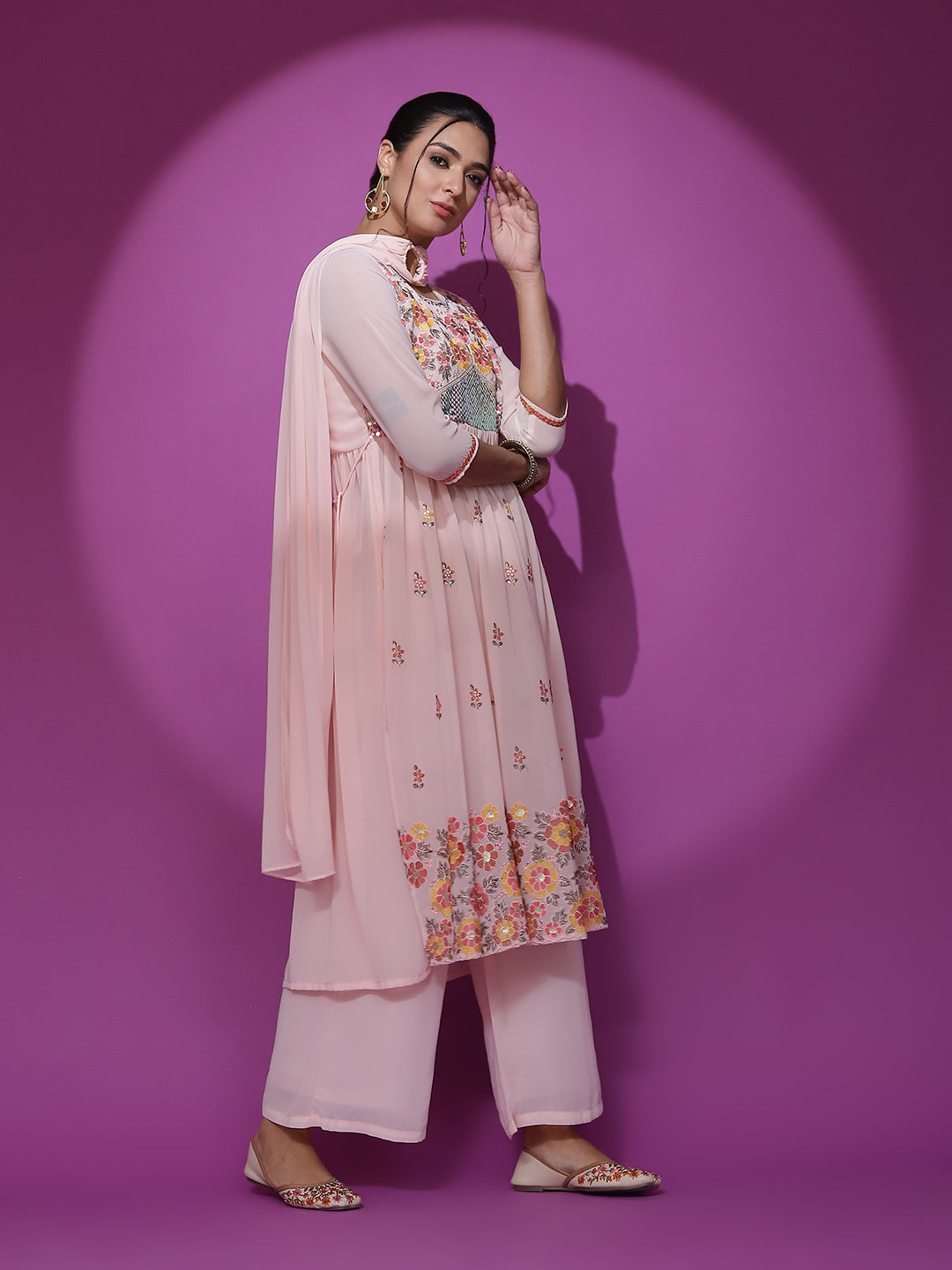 Peach Embroidered Nyra-Cut Kurta Palazzo With Dupatta - Elganza