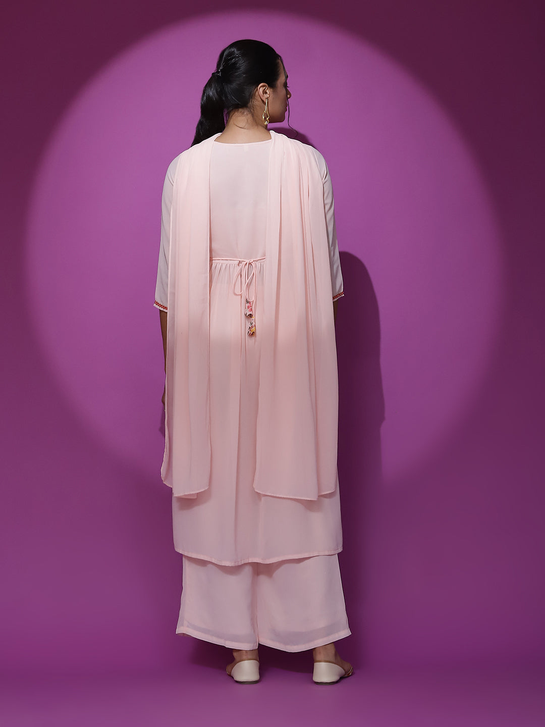 Peach Embroidered Nyra-Cut Kurta Palazzo With Dupatta - Elganza