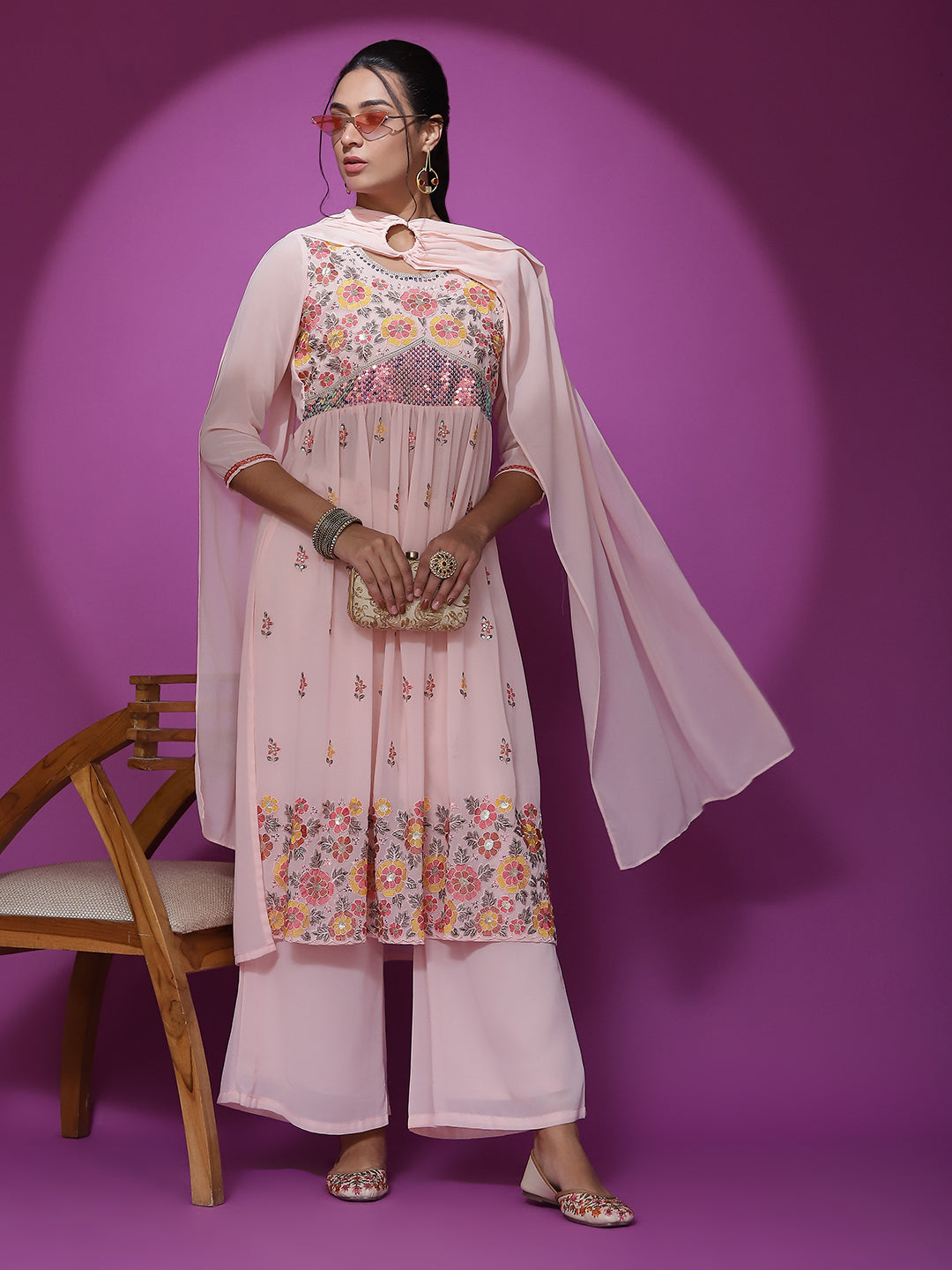 Peach Embroidered Nyra-Cut Kurta Palazzo With Dupatta - Elganza