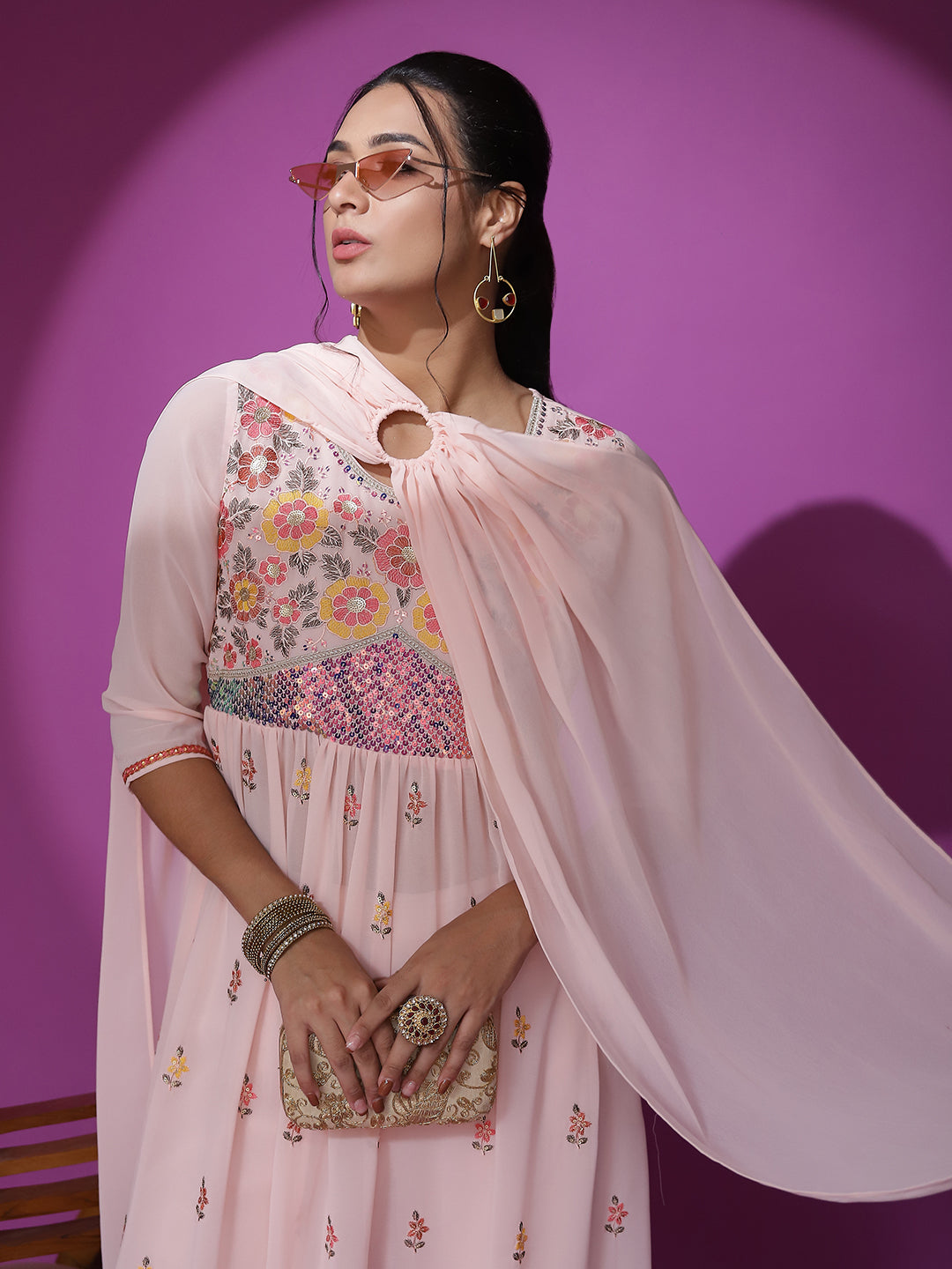 Peach Embroidered Nyra-Cut Kurta Palazzo With Dupatta - Elganza
